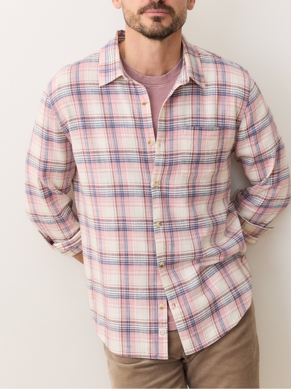 Marine Layer Stretch Selvage Long Sleeve Shirt Men’s Large Pink Blue